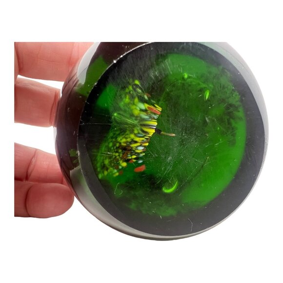 Emerald Green Art Glass Paperweight Glowing Abstract Design Handblown Orb Sphere - Picture 5 of 6